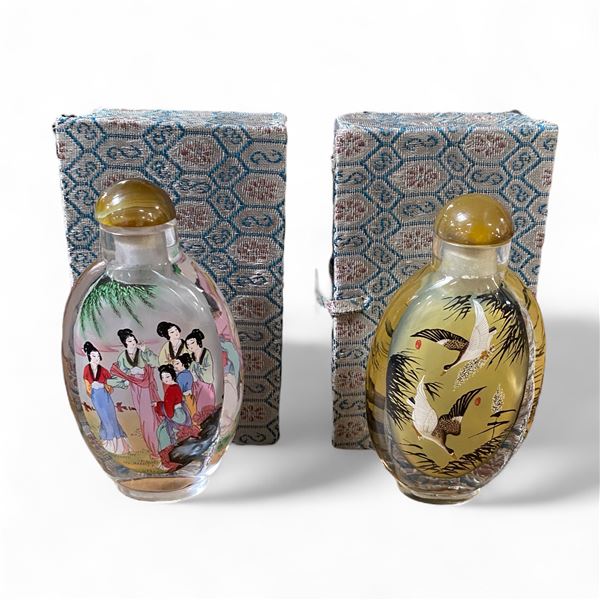 Pair of  6" Reverse Painted Glass Perfume Bottles with Presentation Boxes