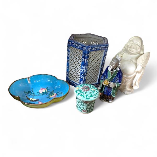 5 Pieces of Asian Design Decoratives - 5" Vase, Enameled Metal Dish, & 2 Deity Statues
