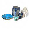Image 1 : 5 Pieces of Asian Design Decoratives - 5" Vase, Enameled Metal Dish, & 2 Deity Statues