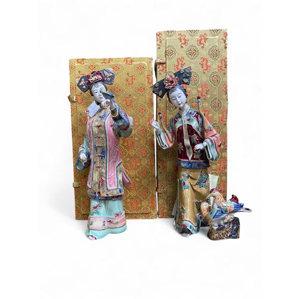 2 Glazed Pottery 12" Asian Figurines in Presentation Boxes
