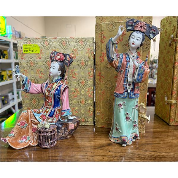2 Glazed Pottery Asian Figurines in Presentation Boxes 10" and 12" - Small Damage
