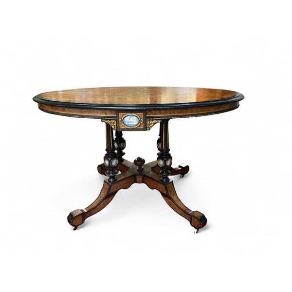 Vintage Amboyna Oval Table with Wedgwood Look Inserts - Top is 36" x 48"