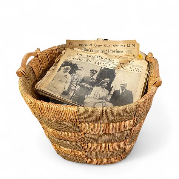 1939 and 1950s Vancouver Newspapers in Large Rattan Basket