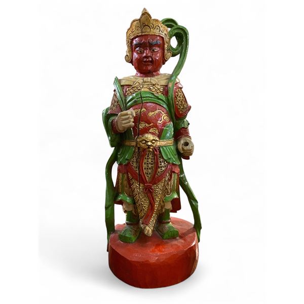 Vintage Hand Carved Wooden  Deity Statue - 16" Tall - Believed to be Taiwanese