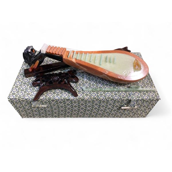 Carved Stone Asian  Stringed Instrument in Presentation Box - 3" x 5" x 13" long