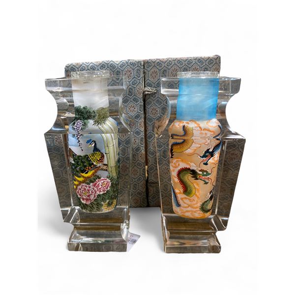 2 Glass Vases with Peacock & Dragon Inner Paintings - each measures 7" x 3" x 3"