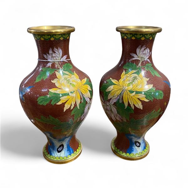 Matched Pair of Vintage Cloisonne Vases - each is 11" tall x 6" diameter