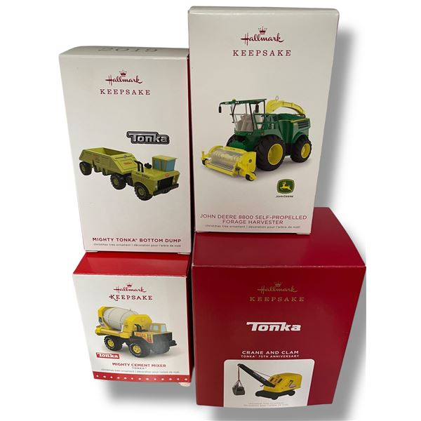 4 Hallmark Keepsake Ornaments (Tonka & John Deere) “2015, 2018, 2019, 2021"