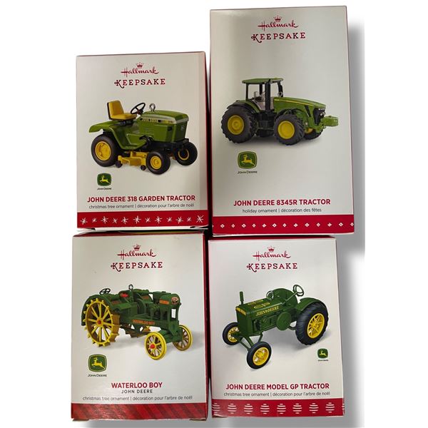 4 Hallmark Keepsake John Deere Ornaments (318 Garden Tractor, 8345R, Model GP, Waterloo Boy)