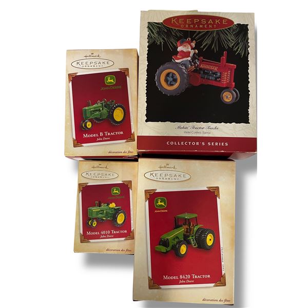4 Hallmark Keepsake John Deere Ornaments (8420, 4010, Model B, Santa Tractor)