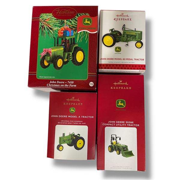4 Hallmark & Carlton Keepsake John Deere Ornaments (Model 60 Pedal Tractor, Model A, 7410, 3038E)