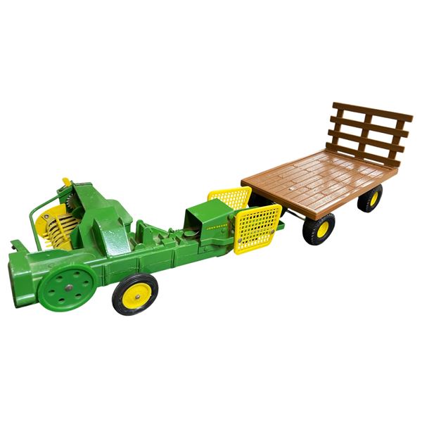 John Deere Baler Diecast Metal with Brown Wooden-Style Wagon - Vintage Farm Toy Set