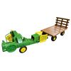 Image 1 : John Deere Baler Diecast Metal with Brown Wooden-Style Wagon - Vintage Farm Toy Set