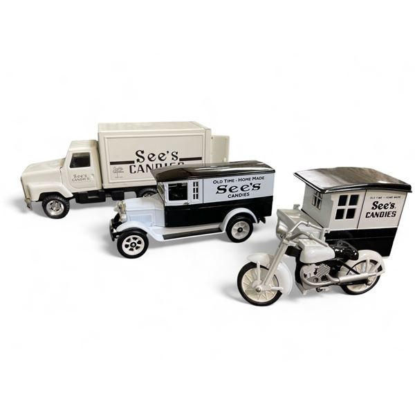 3 See's Candies Diecast Delivery Truck, Motorcycle & Wagon 3 Piece Set