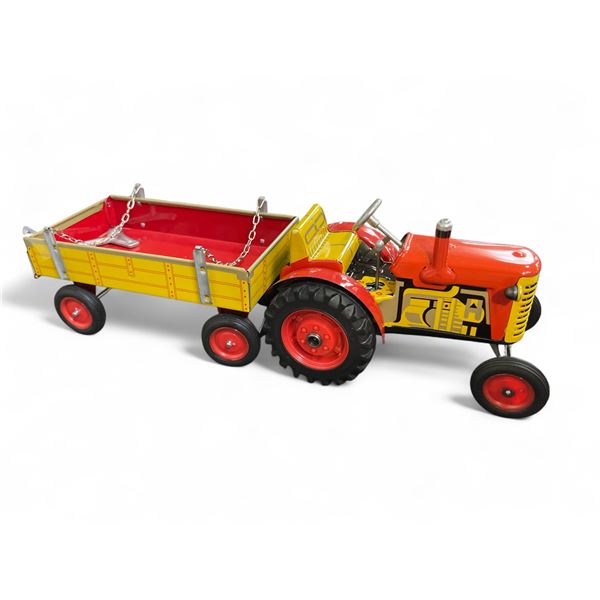 Vintage Tin Wind-Up Tractor with Red & Yellow Wagon - Collectible Farm Toy
