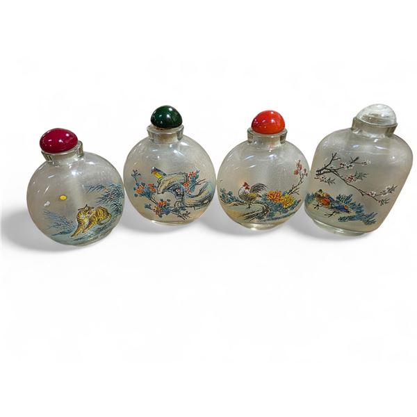 4 Hand Painted Glass Perfume Bottles - 3" Tall