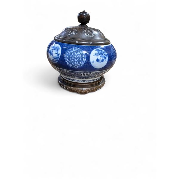 Vintage Asian  Porcelain Bowl with Wood Lid - 6" Diameter x 4.5" tall