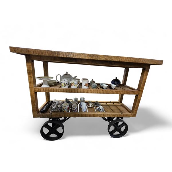 Industrial Mango Wood Console on Iron Wheels - 17" deep  x 48" wide x 36" tall - Contents are not in