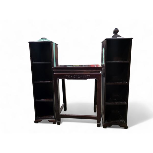 Petite Wood Table and 2 Display Shelves (Finial missing on one) - Table is 10" x 14" x 18" tall. Dis