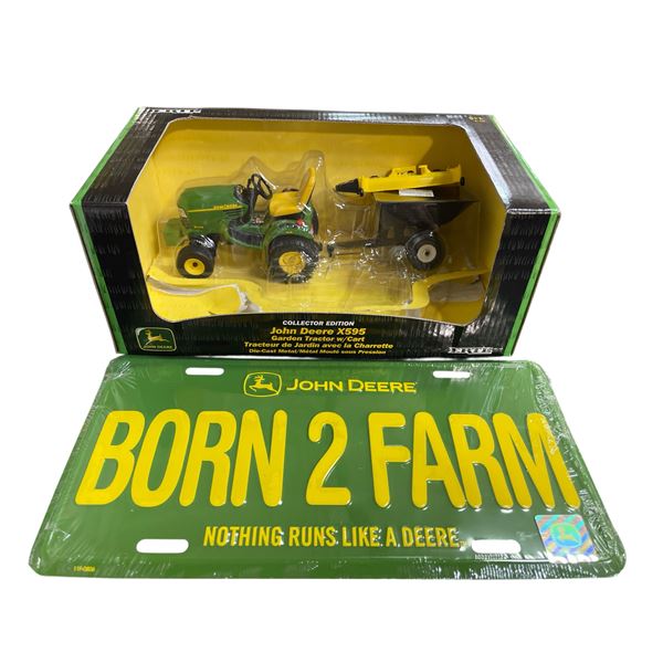 John Deere DX595 Garden Tractor w/Cart & License Plate - Ertl 1:16 Scale Diecast #15340A in Original