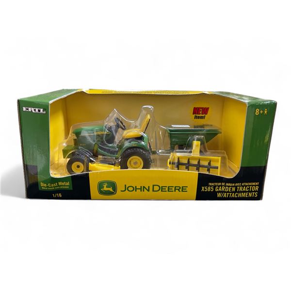John Deere  X585 Garden Tractor w/Attachments - Ertl  1:16 Scale Diecast #15509 in Original Box