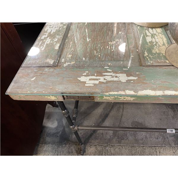 Reclaimed Wood Door Table with Glass Top & Industrial Metal Legs - Top is 30" x 76"