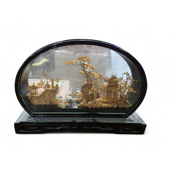 Vintage Chinese  3D Cork Diorama  in Lacquered Case -  13" x 9" Tall