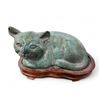Image 1 : Vintage Cast Metal Asian Cat Statue with Verdigris Patina on Fitted Stand - 5" x 6" x 4" tall