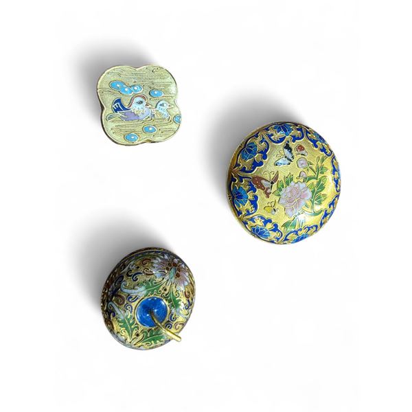 3 Elaborately Decorated Cloisonne Trinket Boxes - Apple is 2" tall x 2.5" diameter