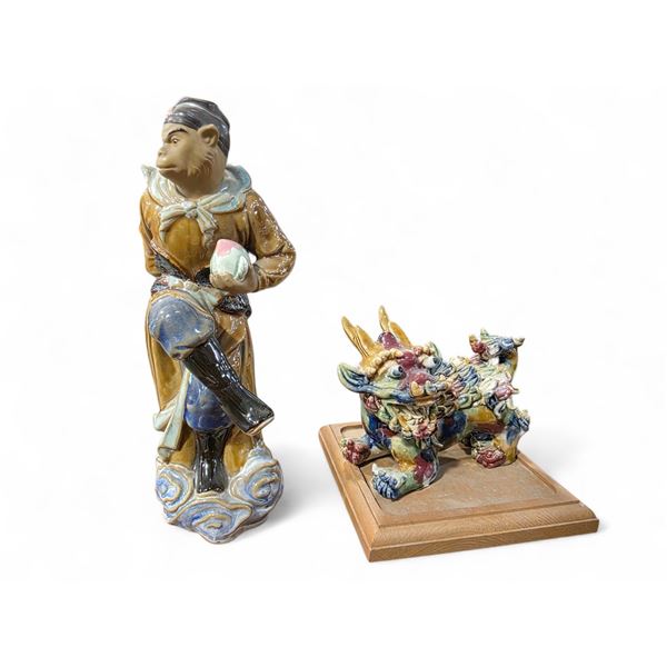 Chinese Glazed Pottery 10" Monkey King and 5" Foo Dog Figurines - Foo Dog has a flea bite