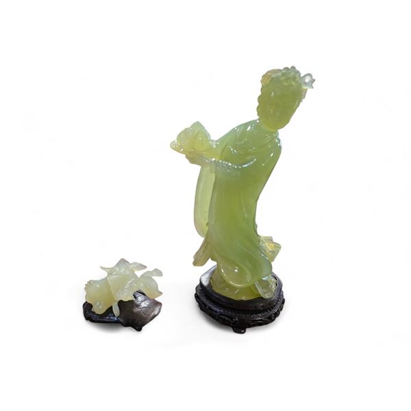 Carved Green 10" Goddess Statue and 3" Koi Fish Figurine