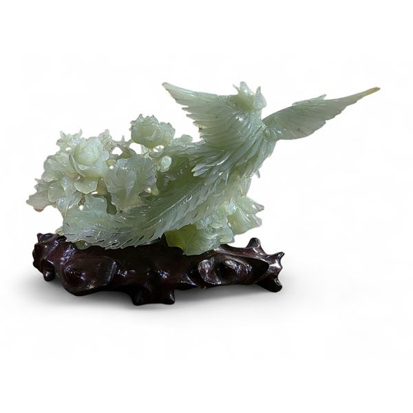 Carved Green Serpentine Stone Floral Statue with Bird on Stand - 6" x 11" x 7" tall