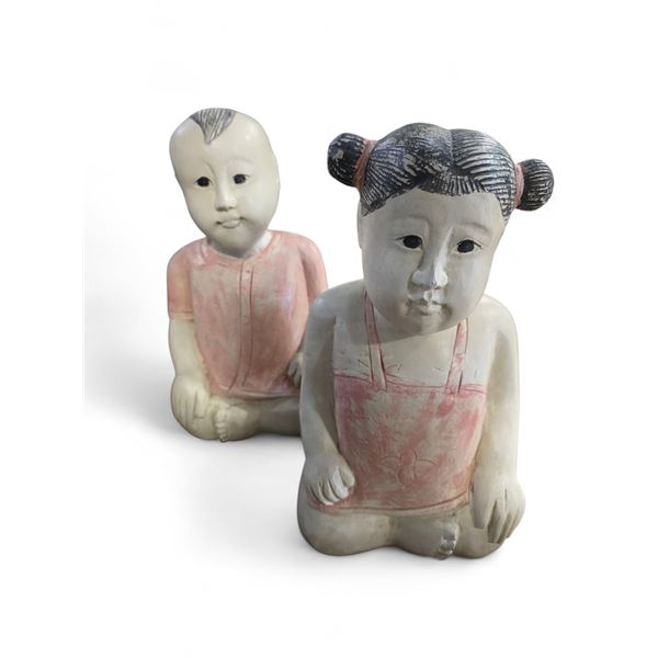 Pair of Hand Carved & Painted Good Luck Baby Boy & Girl Statues - Each is 14" tall x 8" wide
