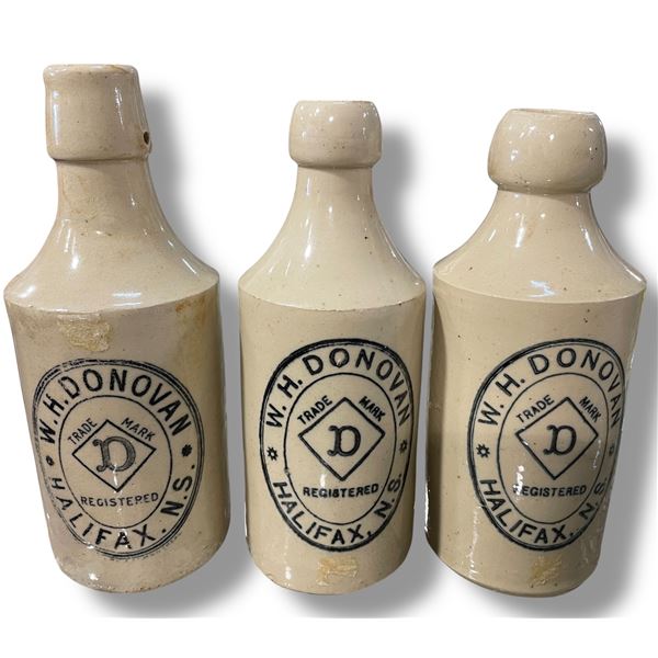 Three  W. H. Donovan Glazed Stoneware Ginger Beer Bottles