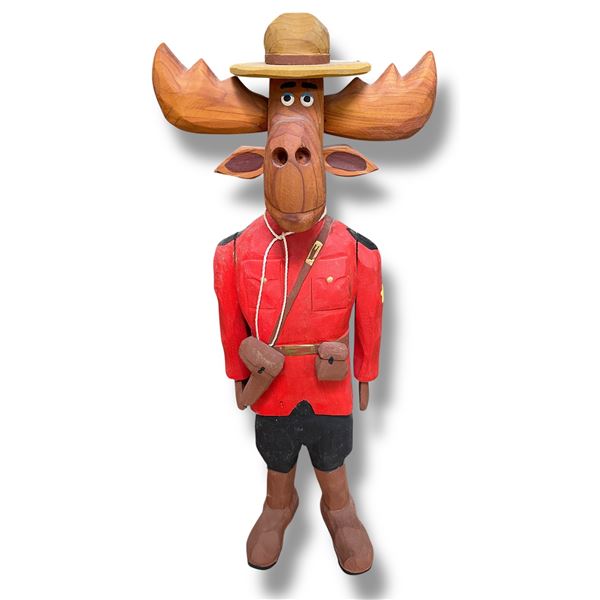 J. Shockey Signed 20" Tall Hand Carved Wood RCMP Moose