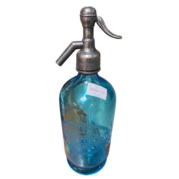 Vintage Blue Glass "Crystal Springs Water" Seltzer Bottle