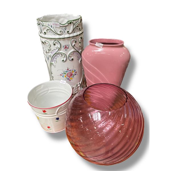 Umbrella  Stand, Decorated Metal Pail, Pink Vase and 14" Diameter Purple Glass Vase