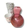 Image 1 : Umbrella  Stand, Decorated Metal Pail, Pink Vase and 14" Diameter Purple Glass Vase