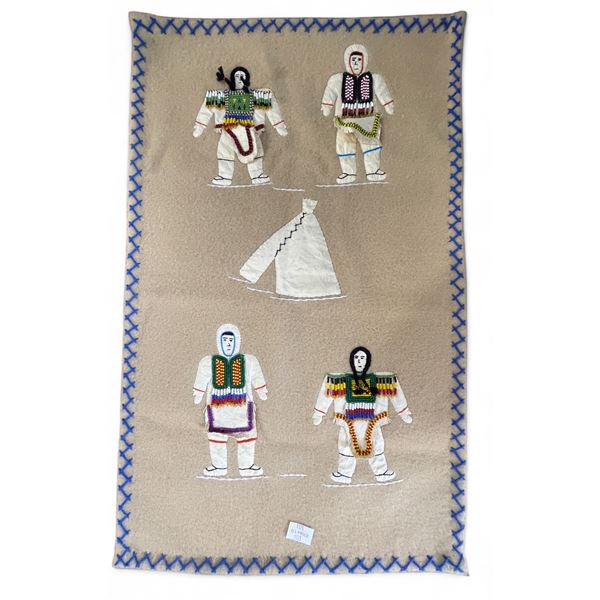 Inuit Hand Beaded & Embroidered Fabric Art by Alile Akammuk - 17" x 26"