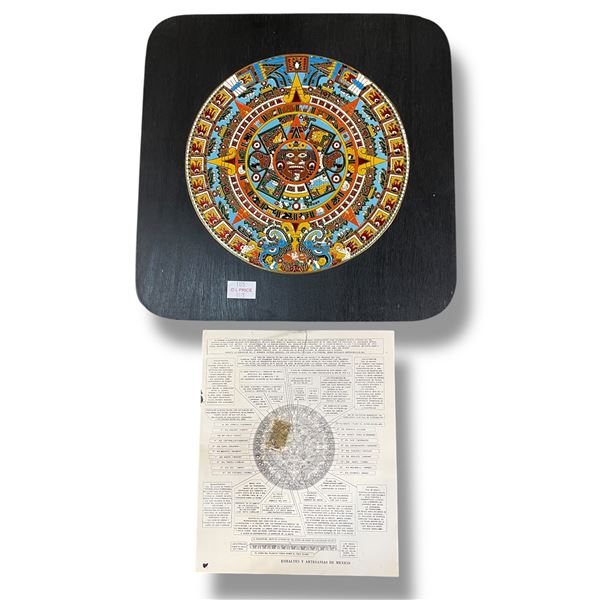 Enameled Metal Aztec Callender on Wood Back - 14" x 14"