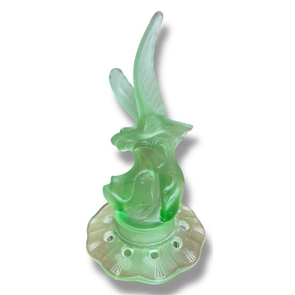 Art Deco Uranium Glass 9" Gull & Fish Flower Frog Centerpiece