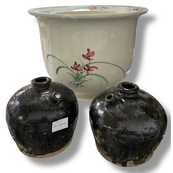 2 Salt Glazed Soy Sauce Jars & 1 Glazed Pottery 12" Planter