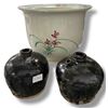 Image 1 : 2 Salt Glazed Soy Sauce Jars & 1 Glazed Pottery 12" Planter