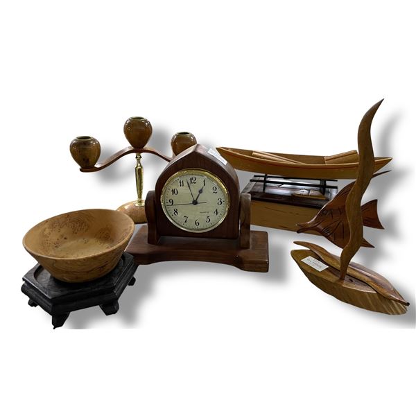 Collection of Wooden Collectibles - 7" Clock, Bird's Eye  Cypress Bowl, Candle Holder and more