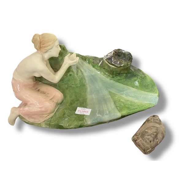 Vintage Pottery Inkwell and Baked Clay Replica Huaxtec Figurehead  (2 x 3.5")