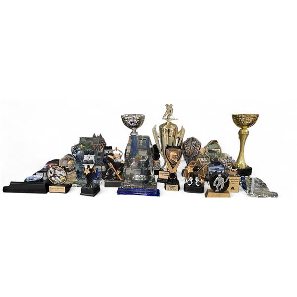 Shelf Lot of Awards, Trophies, and Commemorative Hockey Pucks