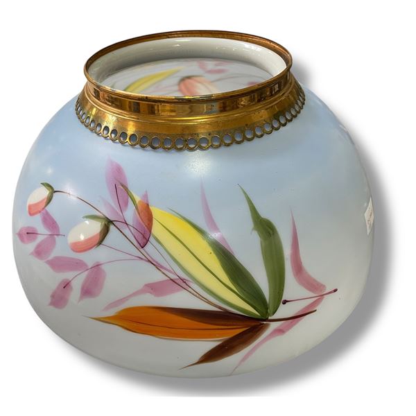 Vintage Glass Lamp Shade with Hand Painted Floral Design - 14  Diameter