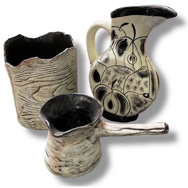 Glazed Pottery Jug, Art Pottery Vase & Handled Saucier