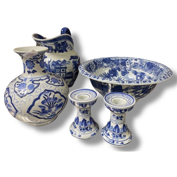 Group of 5 Blue & White Asian Glazed Porcelain - Vase, Candle Holders, Jug & Large Bowl
