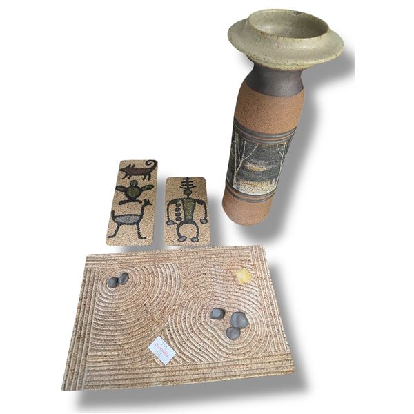 Cork Art,  Pottery Sand Garden Tray &  Peter Price " Vase ( small chips)